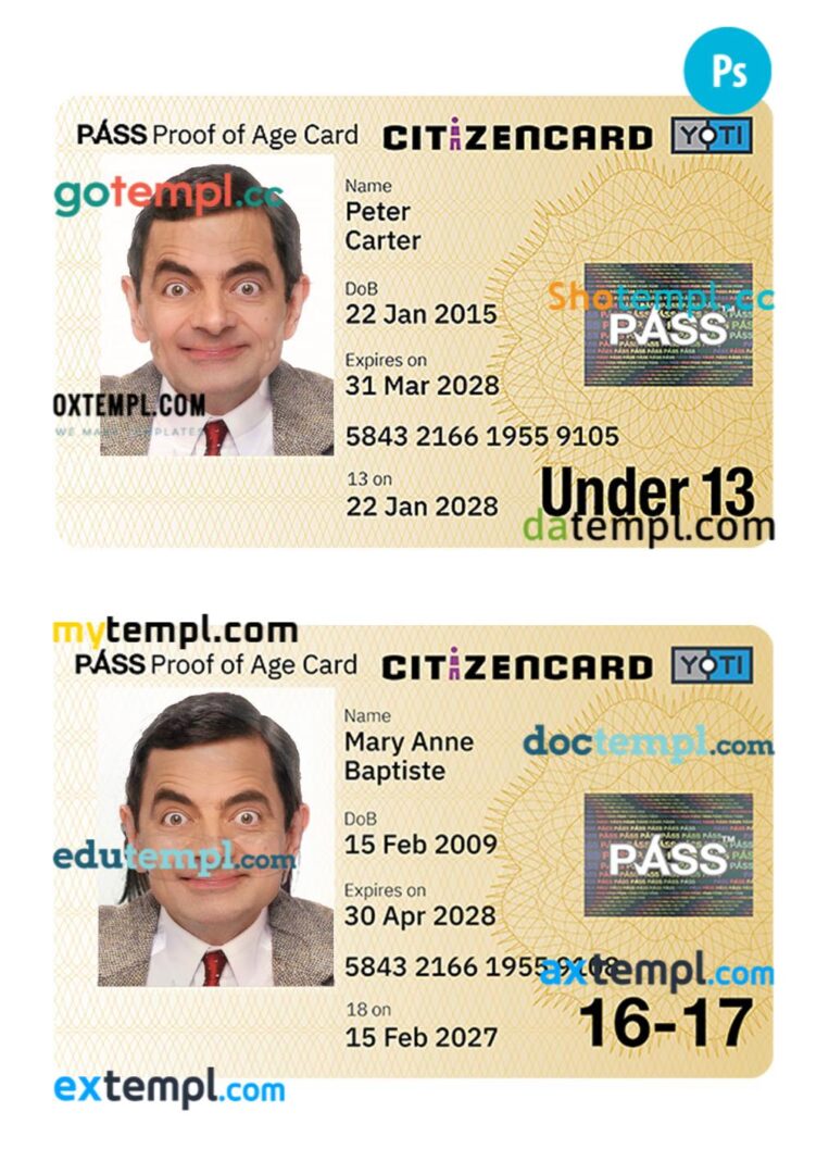 United Kingdom proof of age card for under 13 and 16-17 years template in PSD format