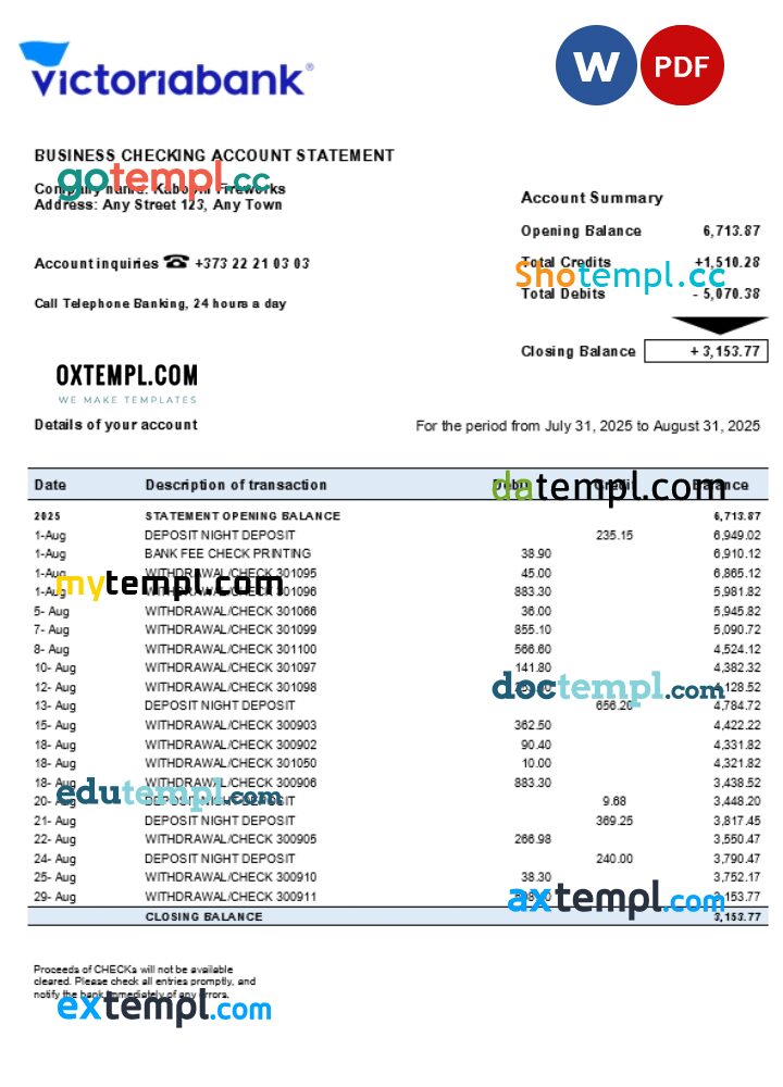 Victoriabank firm account statement Word and PDF template